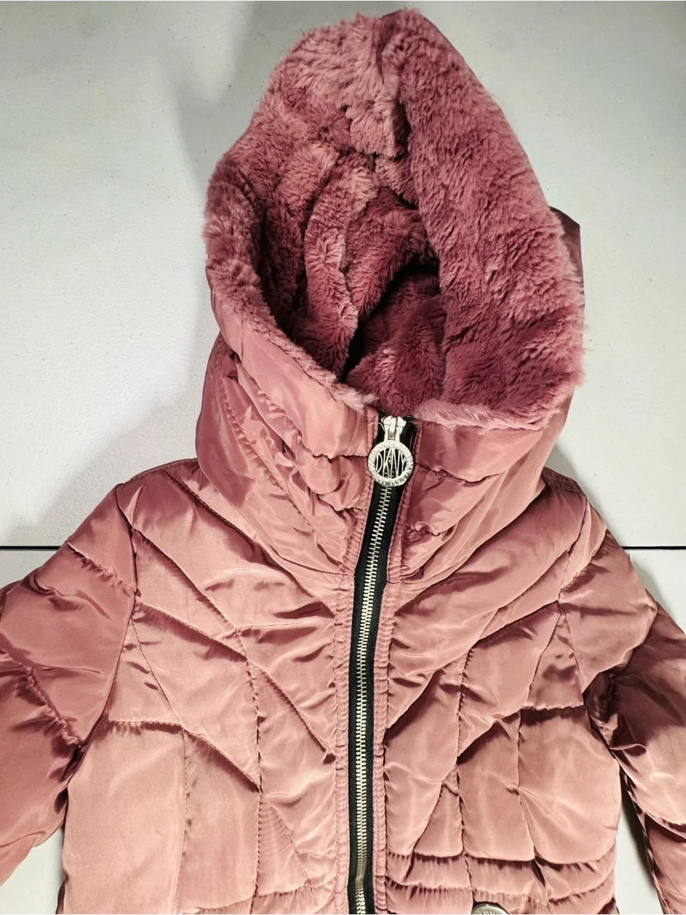 Dkny Pink Girls Puffer Jacket with Faux Fur Hood